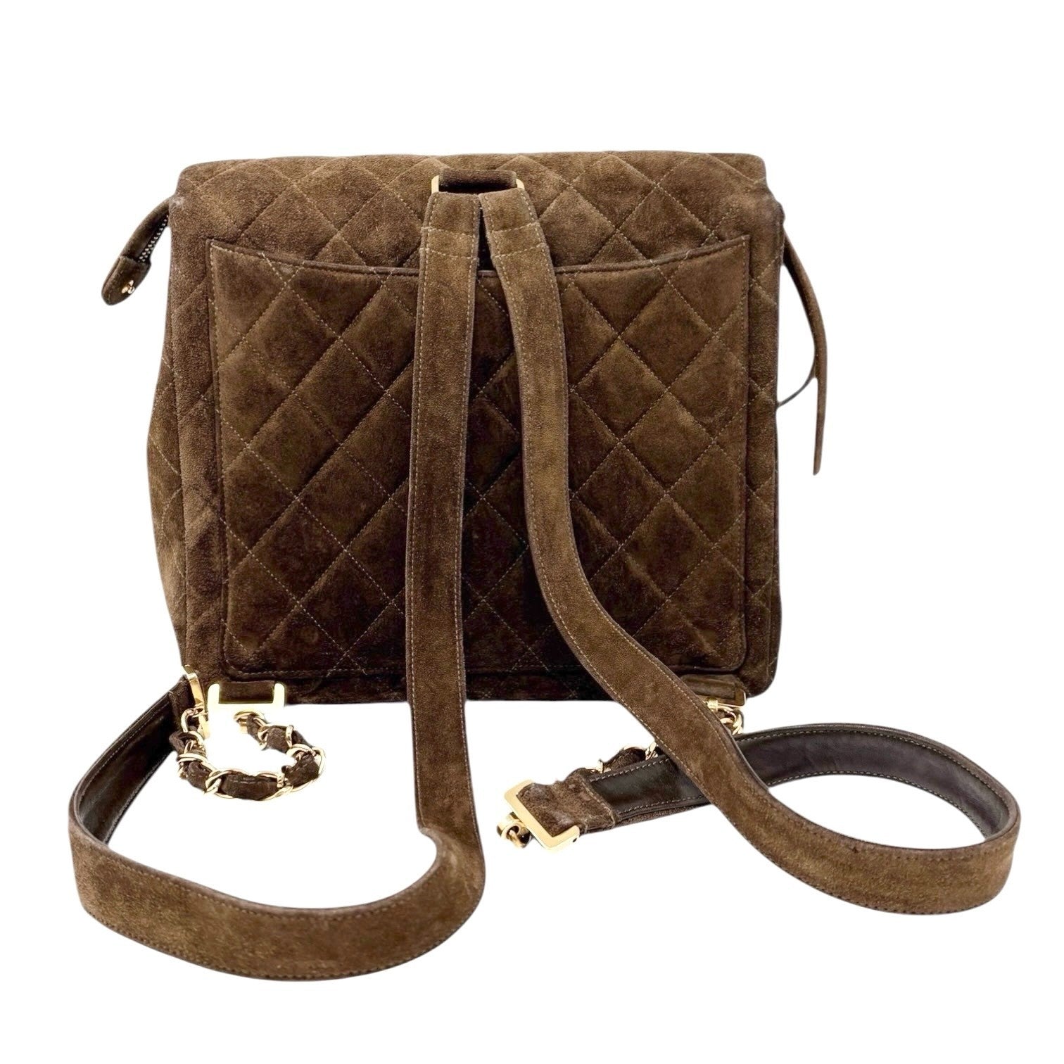 CHANEL Vintage CC Logo Suede Matelasse Backpack Bag Turn Rock Brown Gold