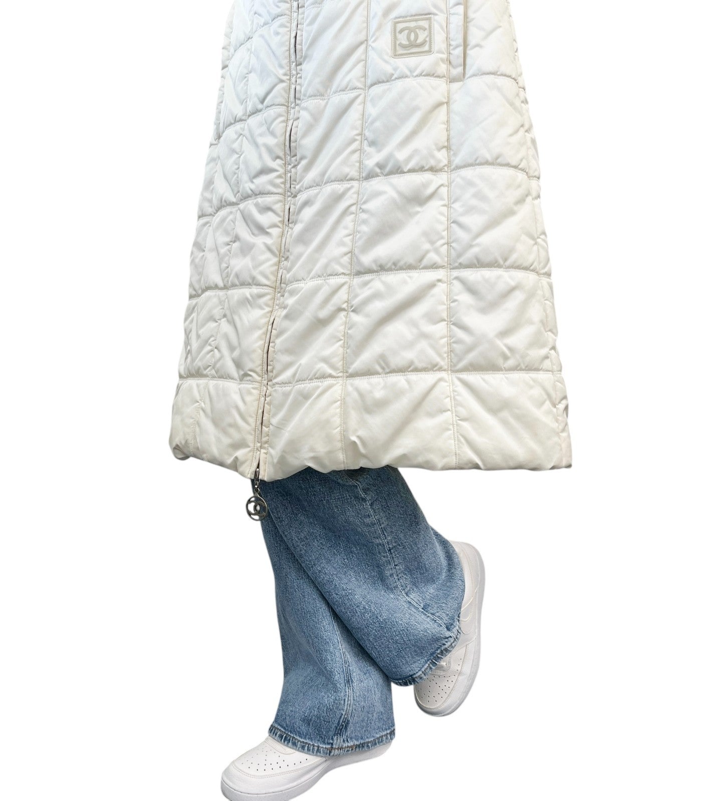 CHANEL Sport Vintage 00A CC Logo Long Puffer Coat Jacket #40 White 901827