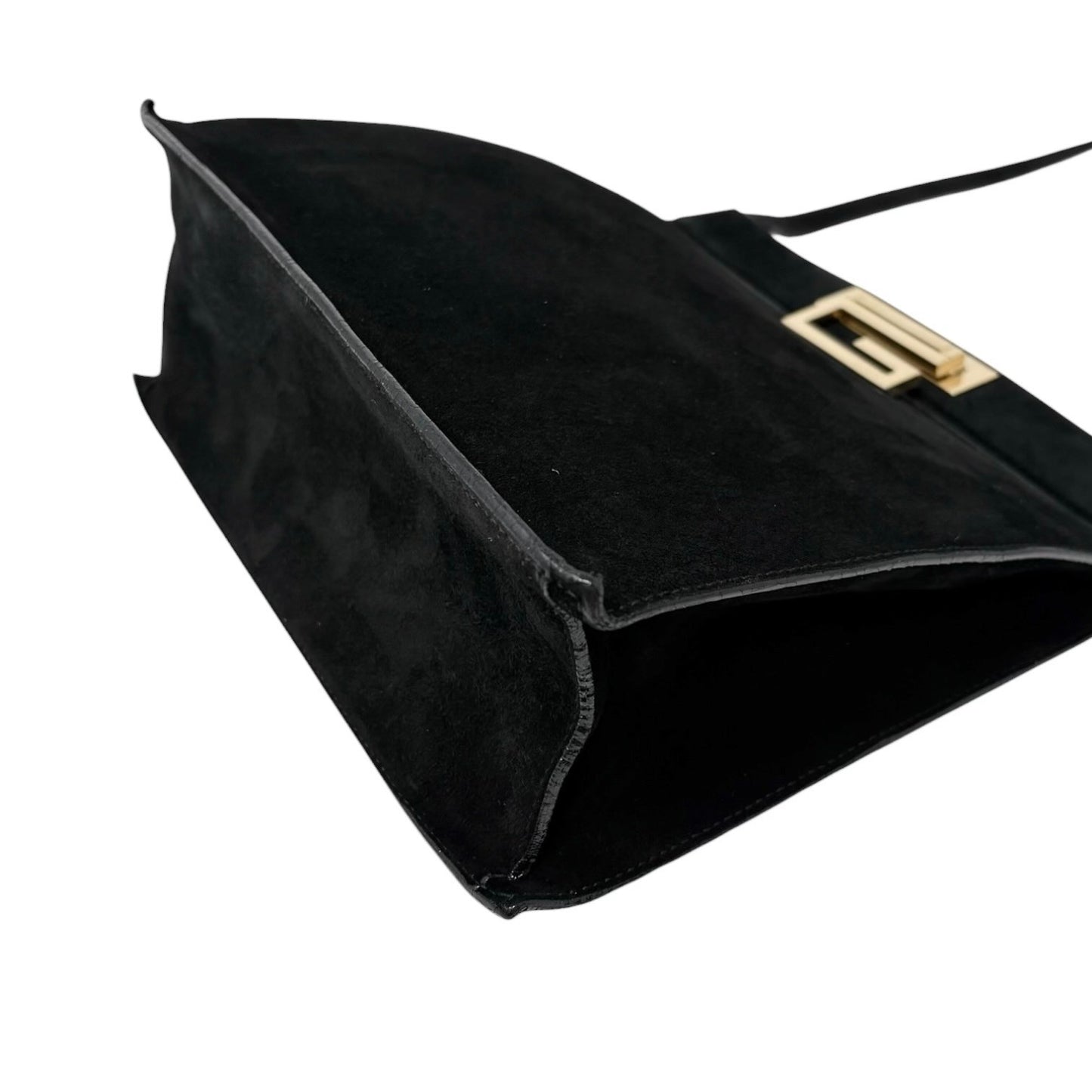 GUCCI Vintage G Square Logo Shoulder Bag Handbag Black Gold Suede Leather 902582