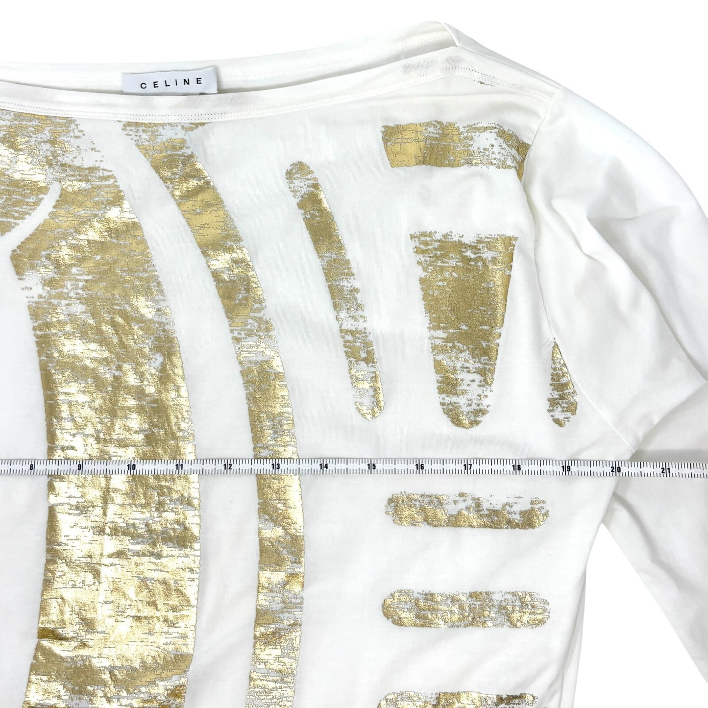 CELINE Vintage Big Macadam Logo Off-shoulder Top #M Spandex White Long Sleeve