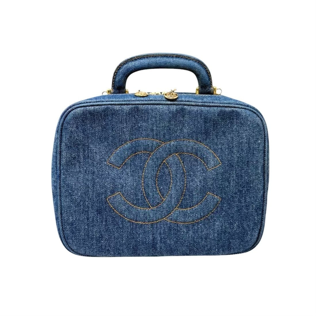 CHANEL Vintage CC Logo Denim 2way Vanity Shoulder Bag Blue Gold Handbag