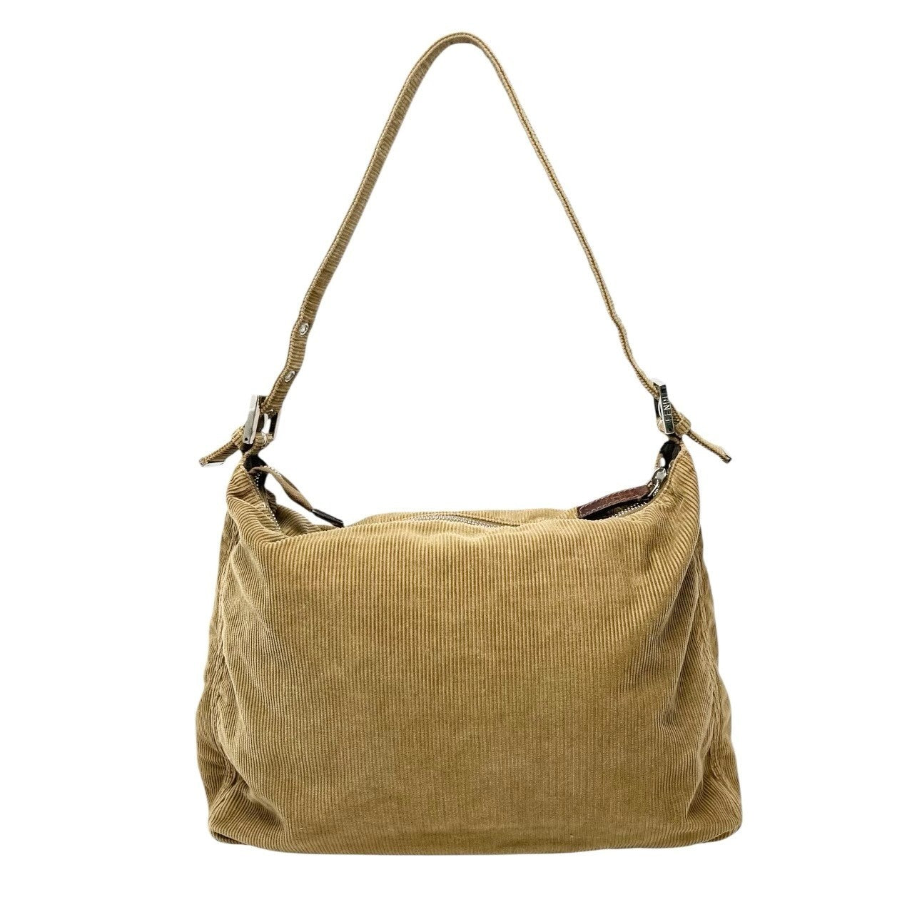 FENDI Vintage FF Logo Mamma Baguette Corduroy Shoulder Bag Beige Silver