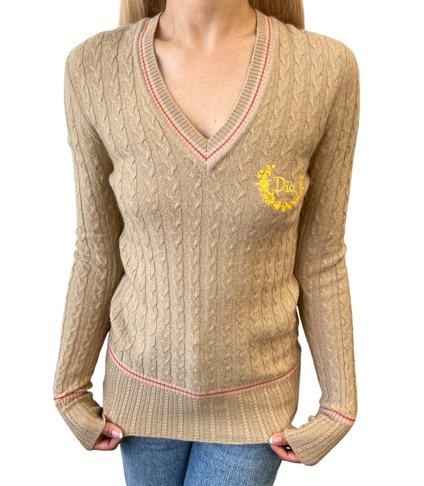 Christian Dior Vintage 2004 Logo Cashmere Knit Sweater Top #36 Beige 901996