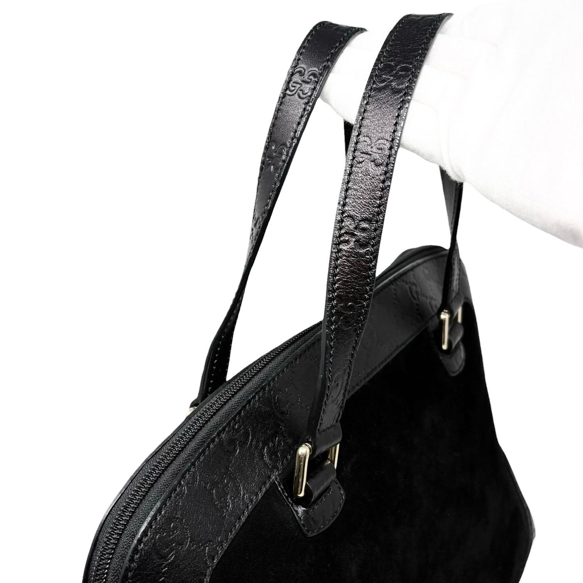 GUCCI Vintage GG Monogram Shoulder Top Handle Bag Black Gold Suede 902331