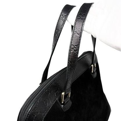 GUCCI Vintage GG Monogram Shoulder Top Handle Bag Black Gold Suede 902331