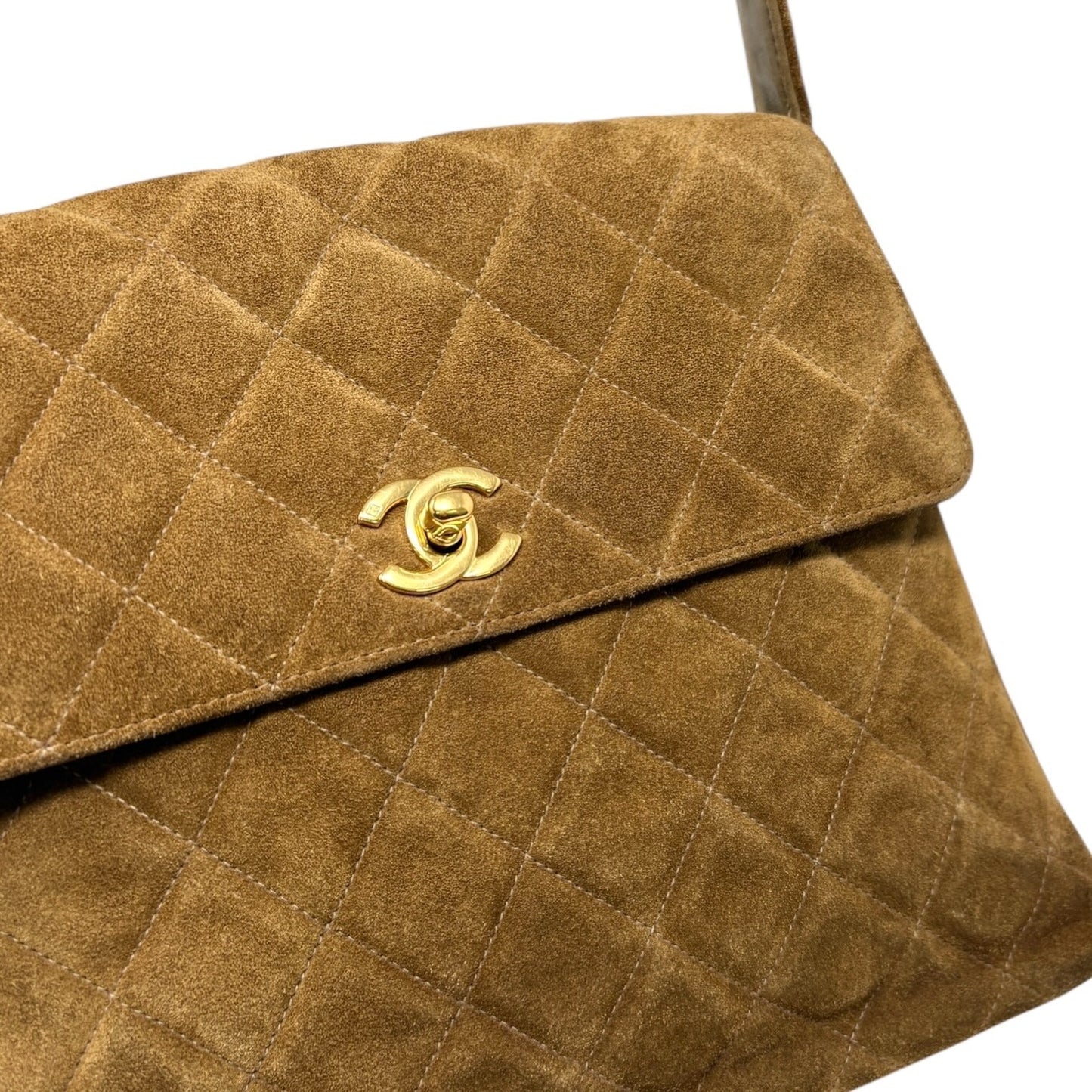 CHANEL Vintage CC Logo Turnlock Quilted Suede Flap Shoulder Bag Brown