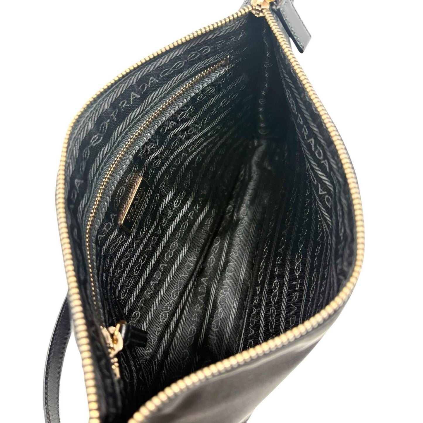 PRADA Vintage Triangle Logo Tessuto Nylon Mini Shoulder Bag Black Gold Leather