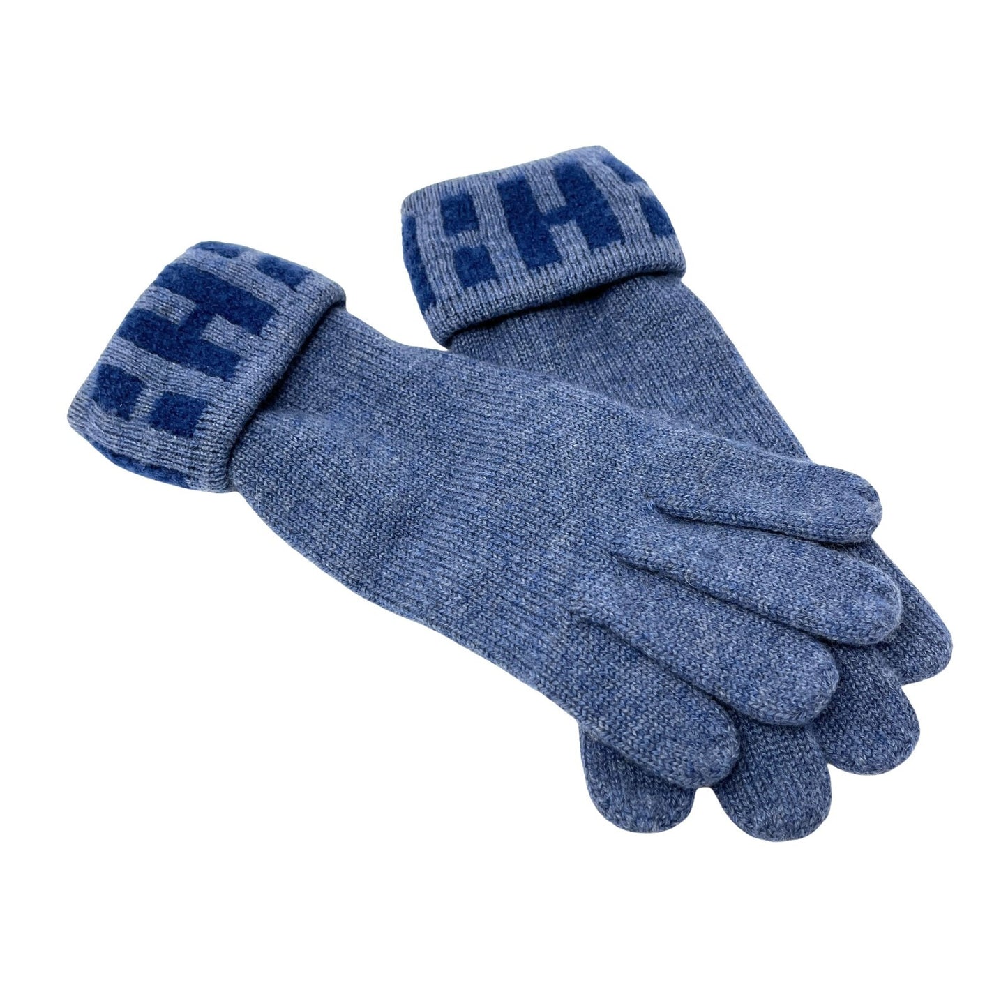 HERMES Vintage H Logo Gloves #S Knit Fashion Winter Accessory Blue Cashmere