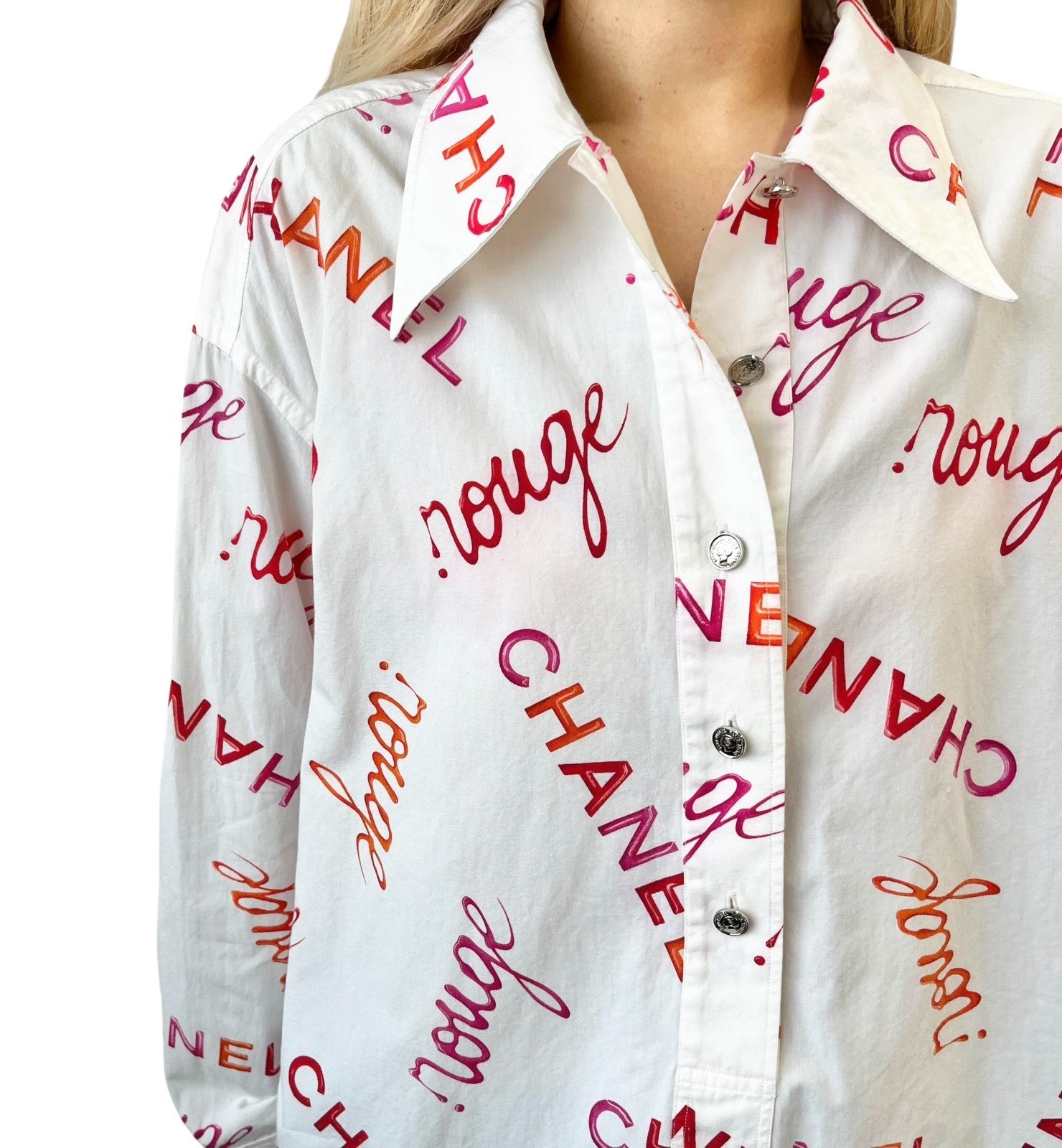 CHANEL Vintage 96P Logo Button Up Shirt Rouge Long Sleeve White Pink Cotton