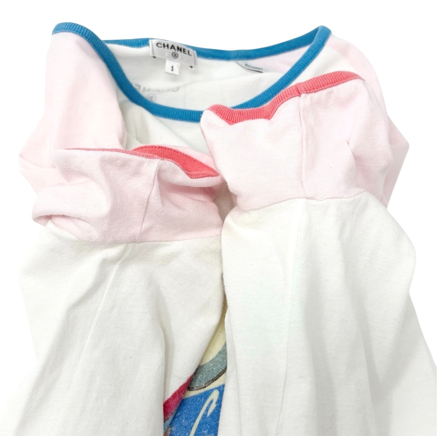 CHANEL Vintage C55838 CC Logo Viva Cuba Libre T-shirt Top #S White Pink Cotton