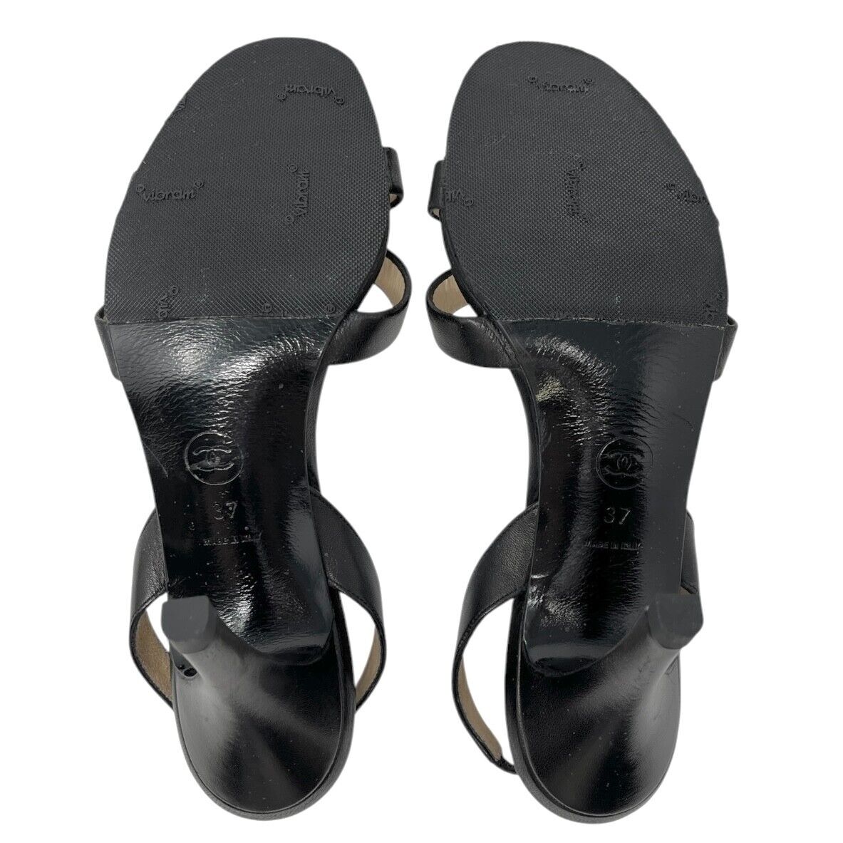 CHANEL Vintage 98P CC Logo Heels Mules Sandals #36.5-37 Black Gold Leather