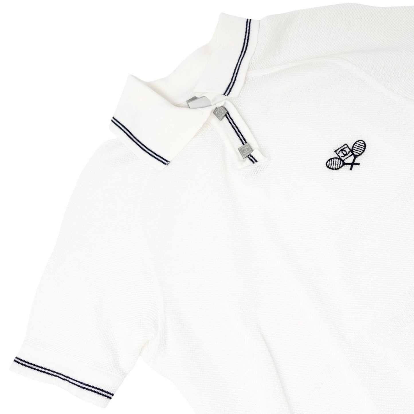 CHANEL Sport Vintage 05P CC Tennis Racket Polo T-shirt Top #42 White Cotton