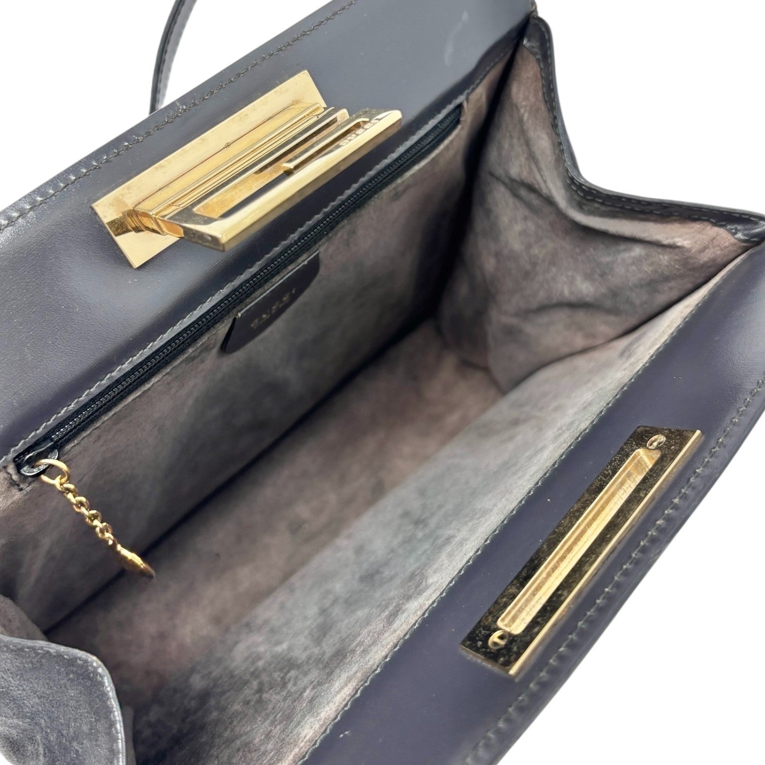 GUCCI Vintage G Square Logo Shoulder Bag Gray Gold Suede Leather