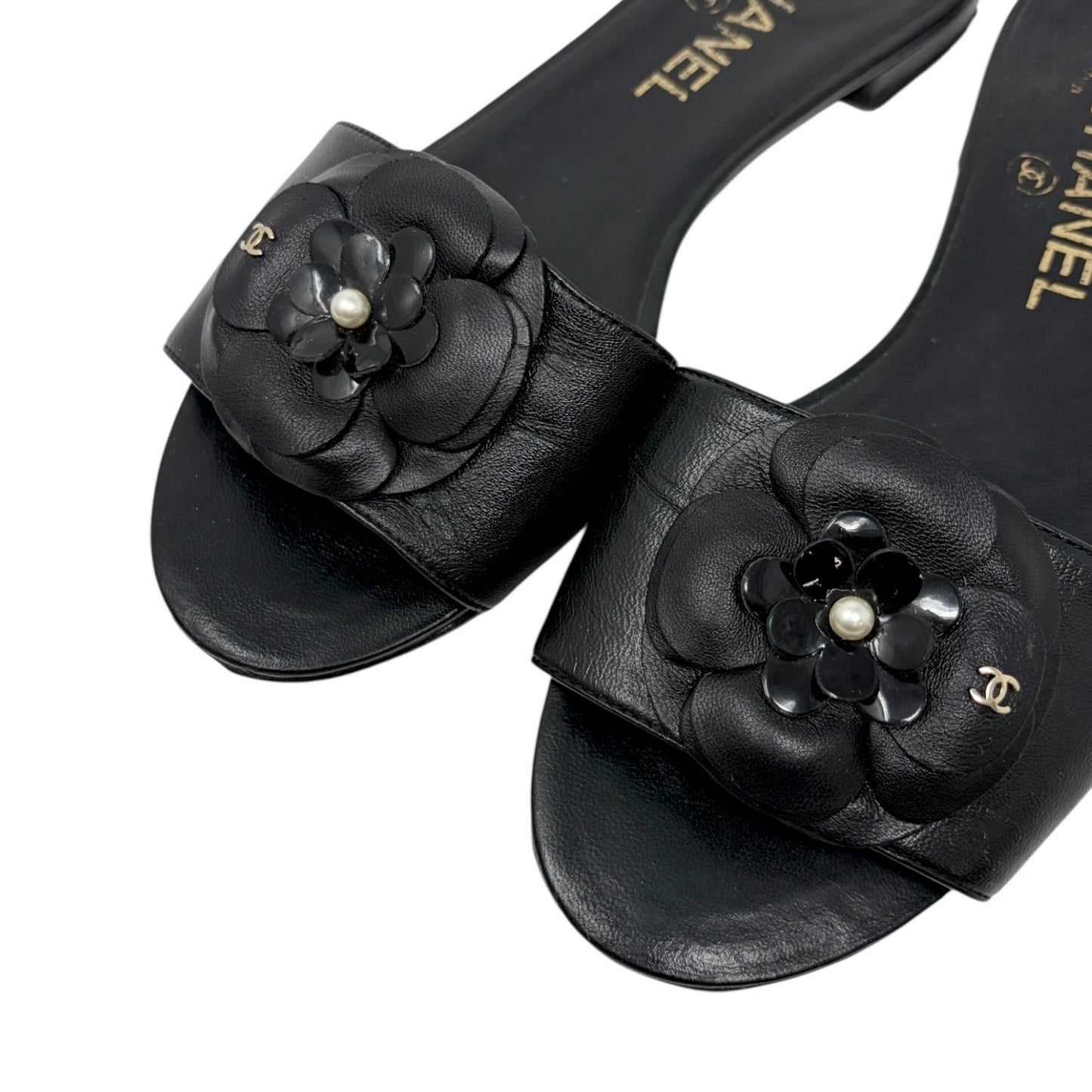 CHANEL Vintage CC Logo Camellia Leather Flat Slide Sandals #36.5 Black