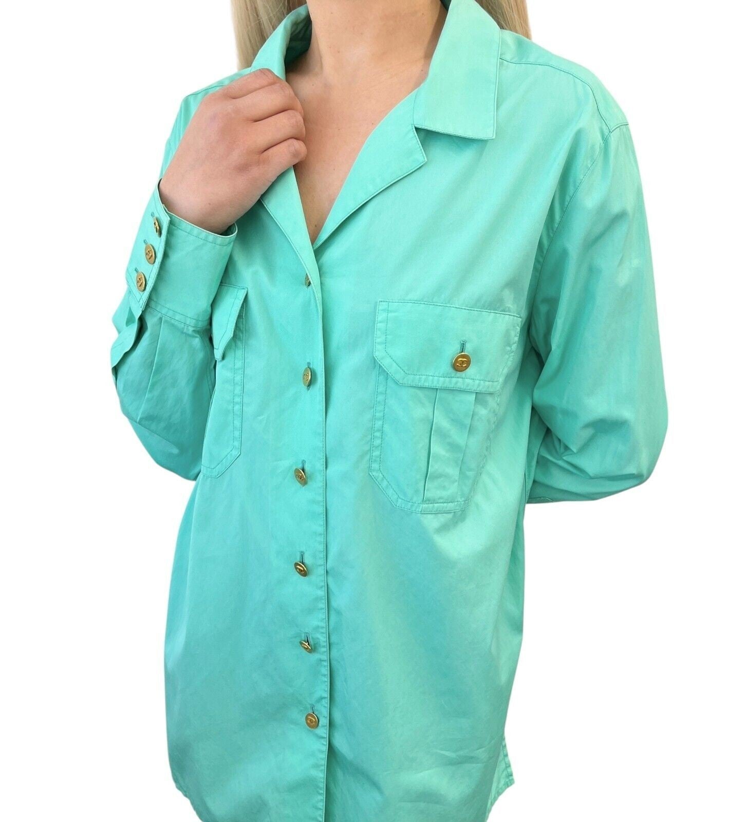 CHANEL Vintage P04883 CC Logo Shirt Top #44 Button Up Light Green Gold Cotton