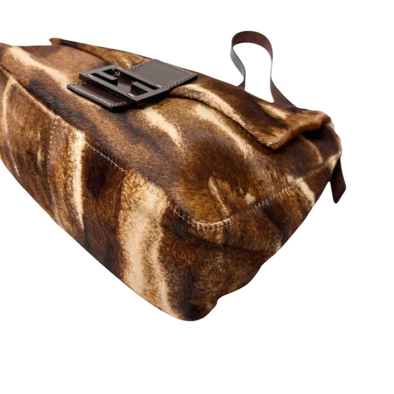 FENDI Vintage FF Logo Mamma Baguette Pony Calf Hair Shoulder Bag Brown Leather