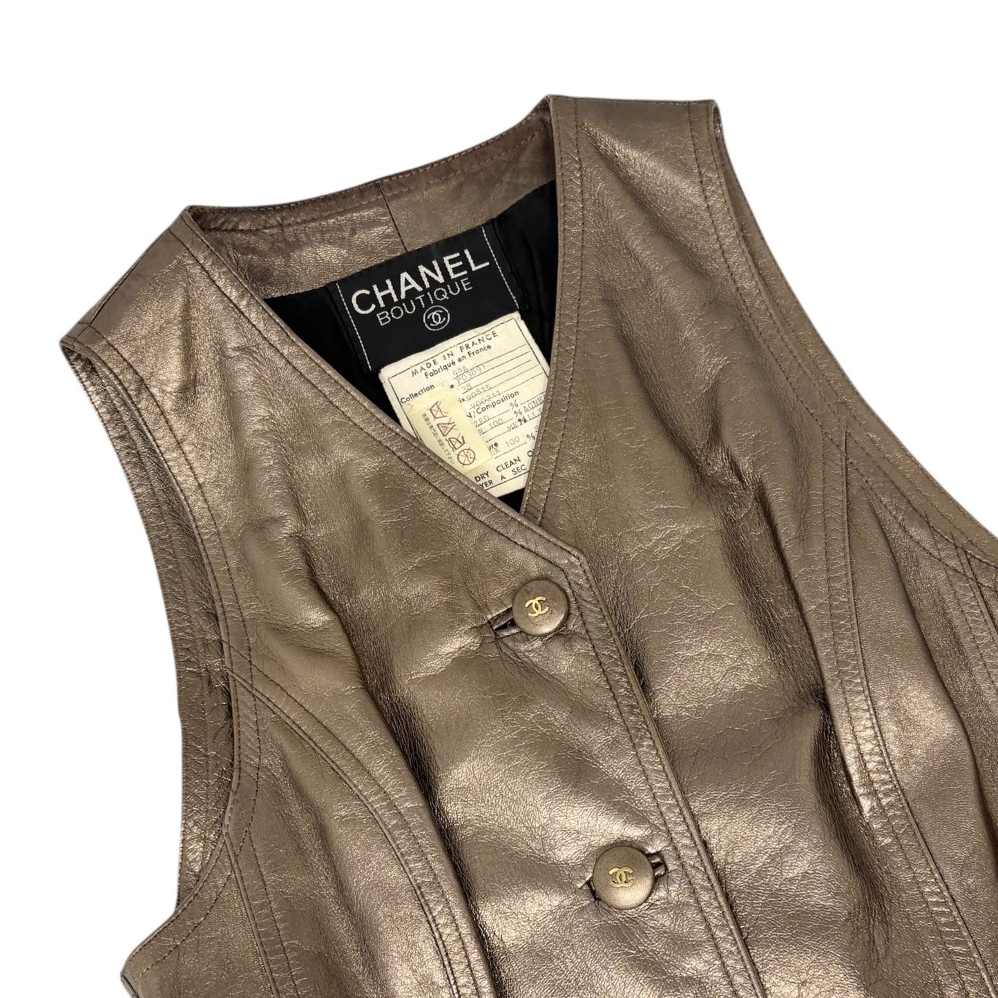 CHANEL Vintage 94A CC Logo Button Leather Dress One-piece #38 Gold Bronze