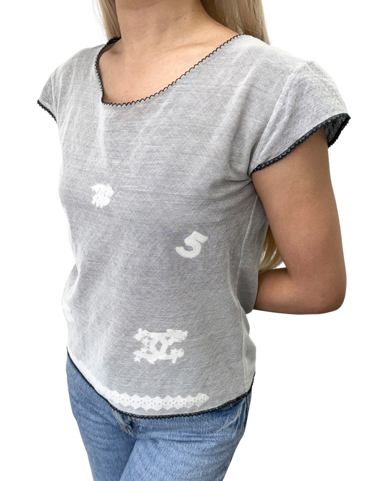 CHANEL Vintage 04P CC Logo No.5 Mesh Overlay Top #42 Gray Lace 901865