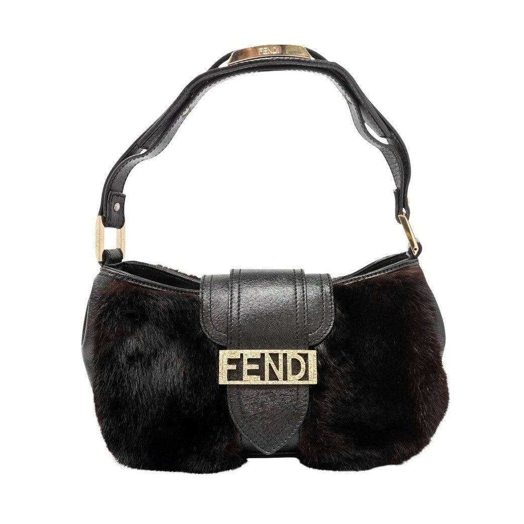 FENDI Vintage Logo Fur Baguette Mini Shoulder Bag Handbag Black Gold Leather