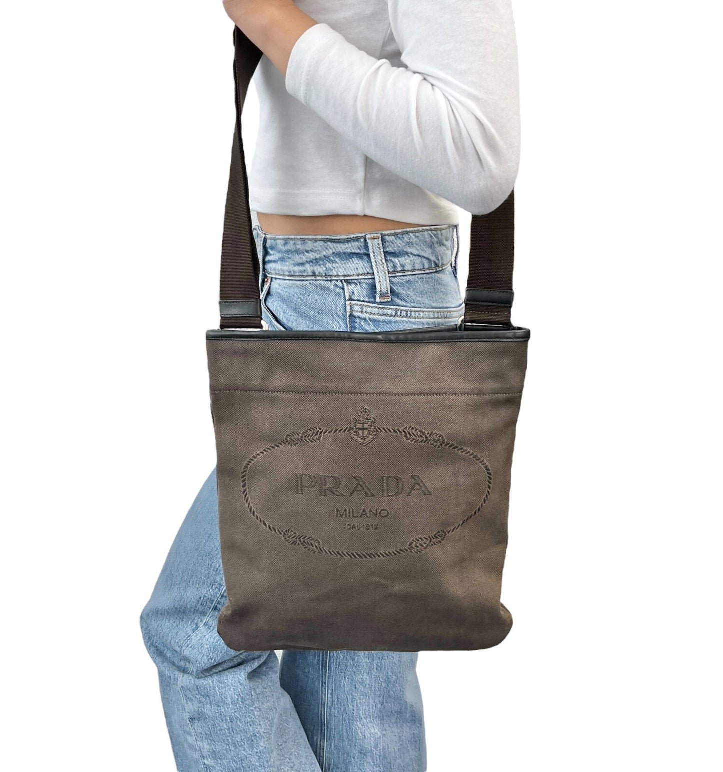 PRADA Vintage Logo Crossbody Shoulder Bag Brown Silver Cotton Leather