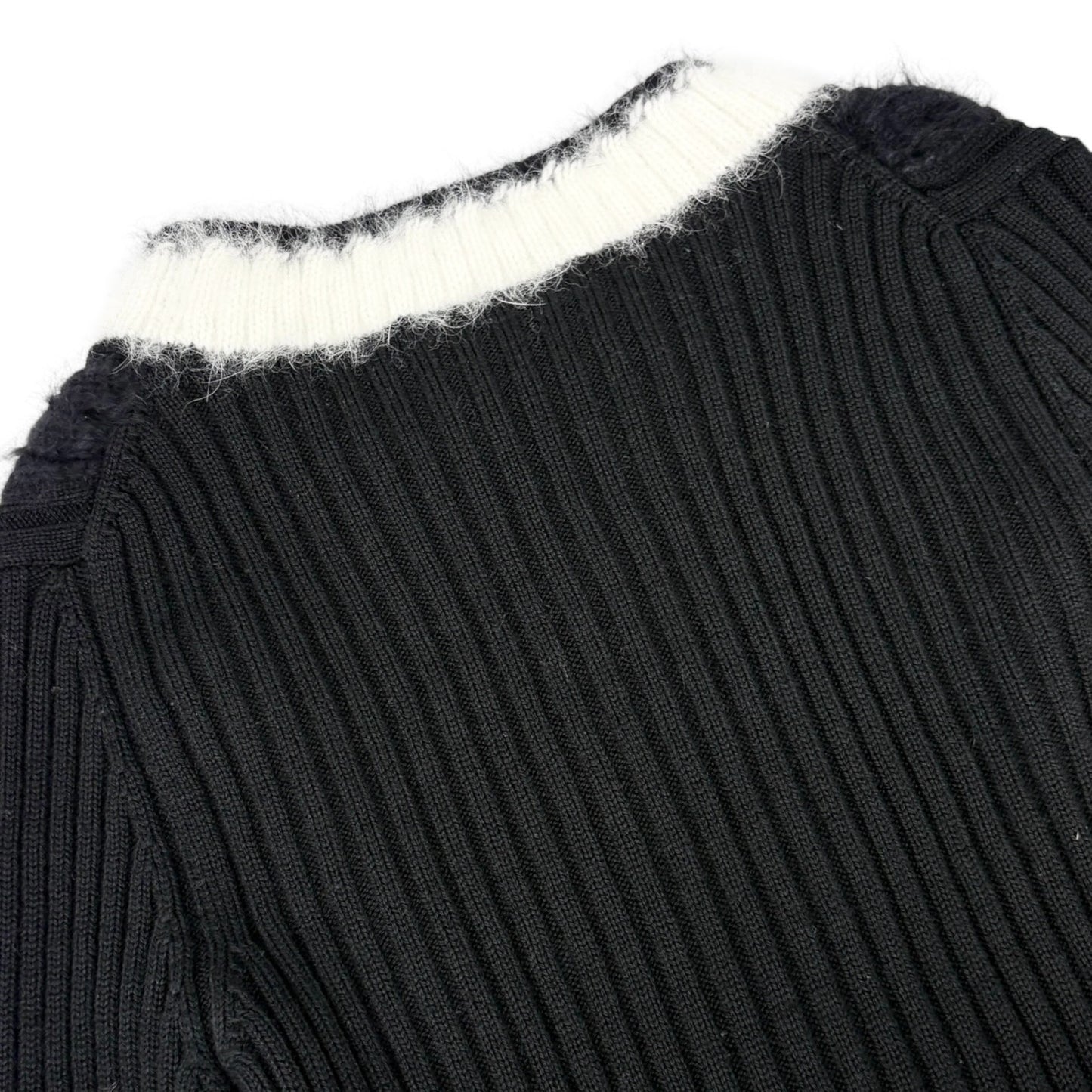 CHANEL Vintage 02A CC Logo Fur Knit Sweater Top #38 Black White Wool 901976