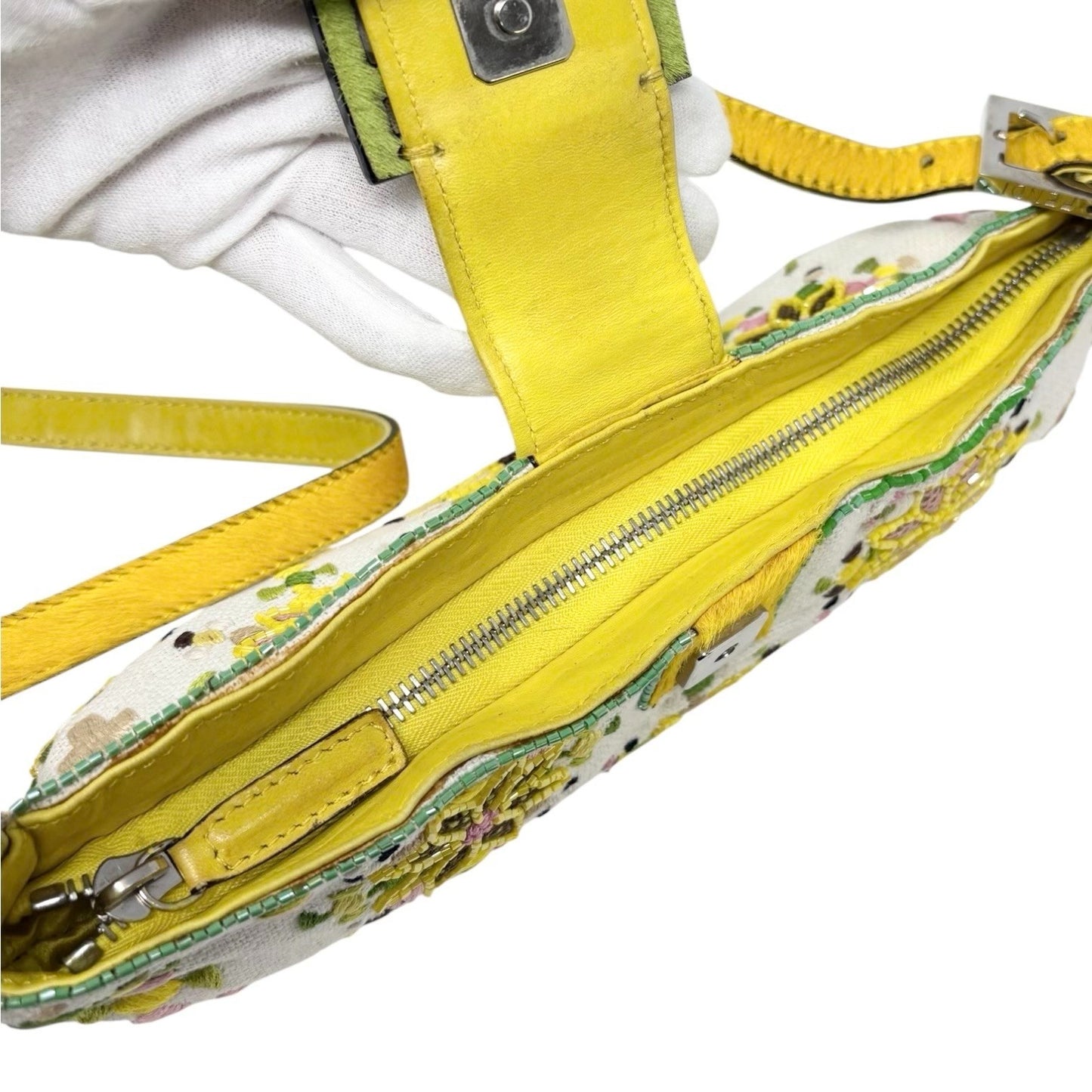 FENDI Vintage FF Beads Mamma Baguette Crossbody Bag Flower Embroidery Yellow