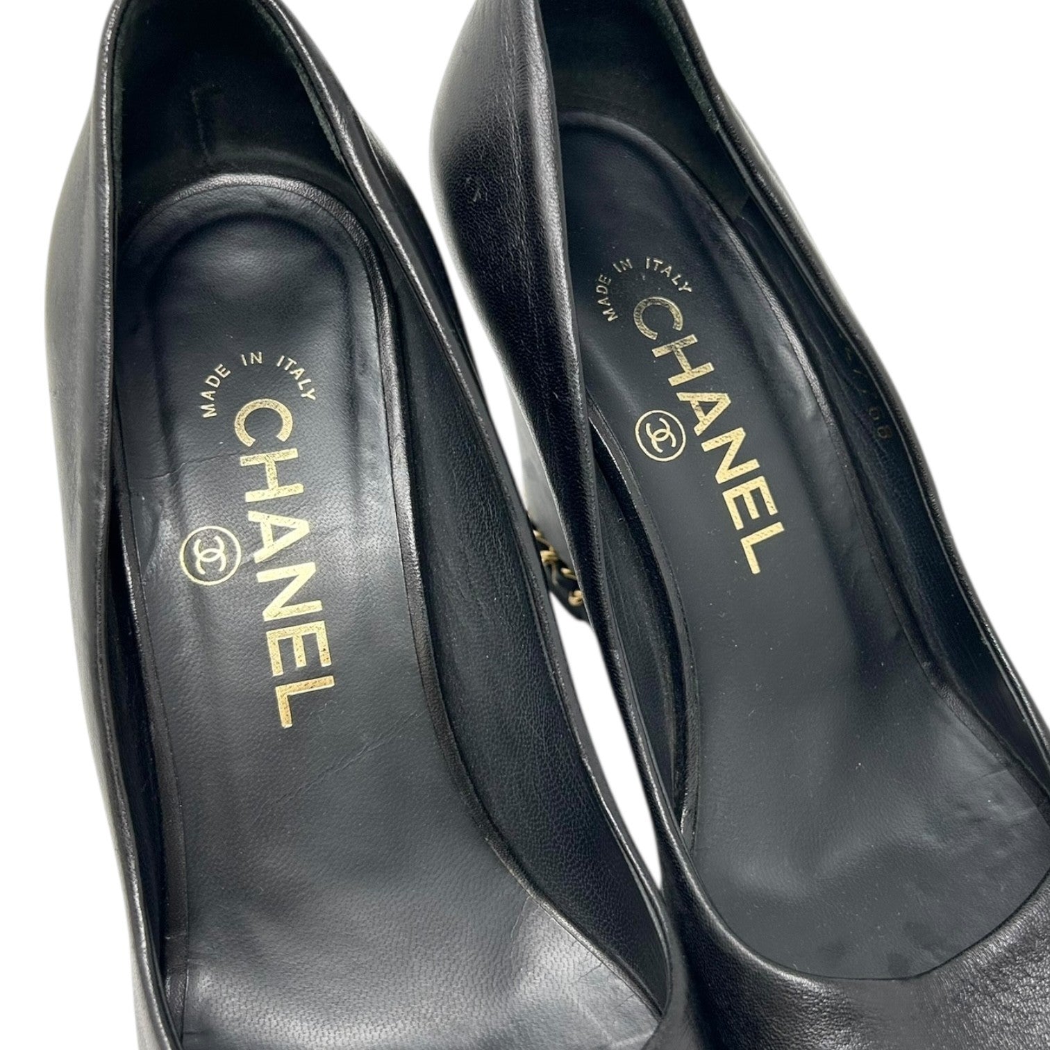 CHANEL Vintage CC Logo Open Toe Chain Sandals #37-37.5 Black Wedge Heels