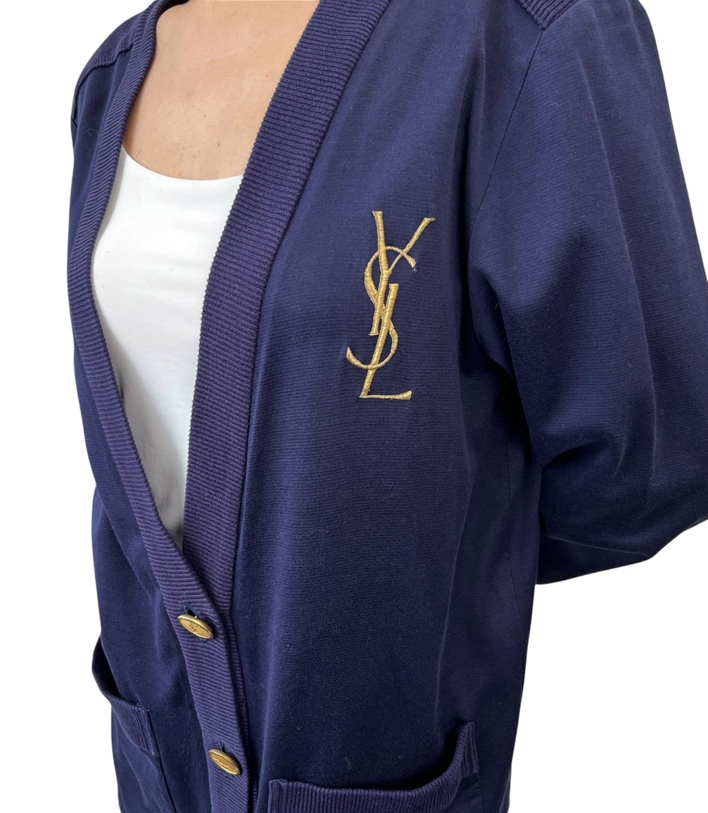 Yves Saint Laurent Vintage YSL Logo Cardigan Top #M Blue Gold Sweater 902072