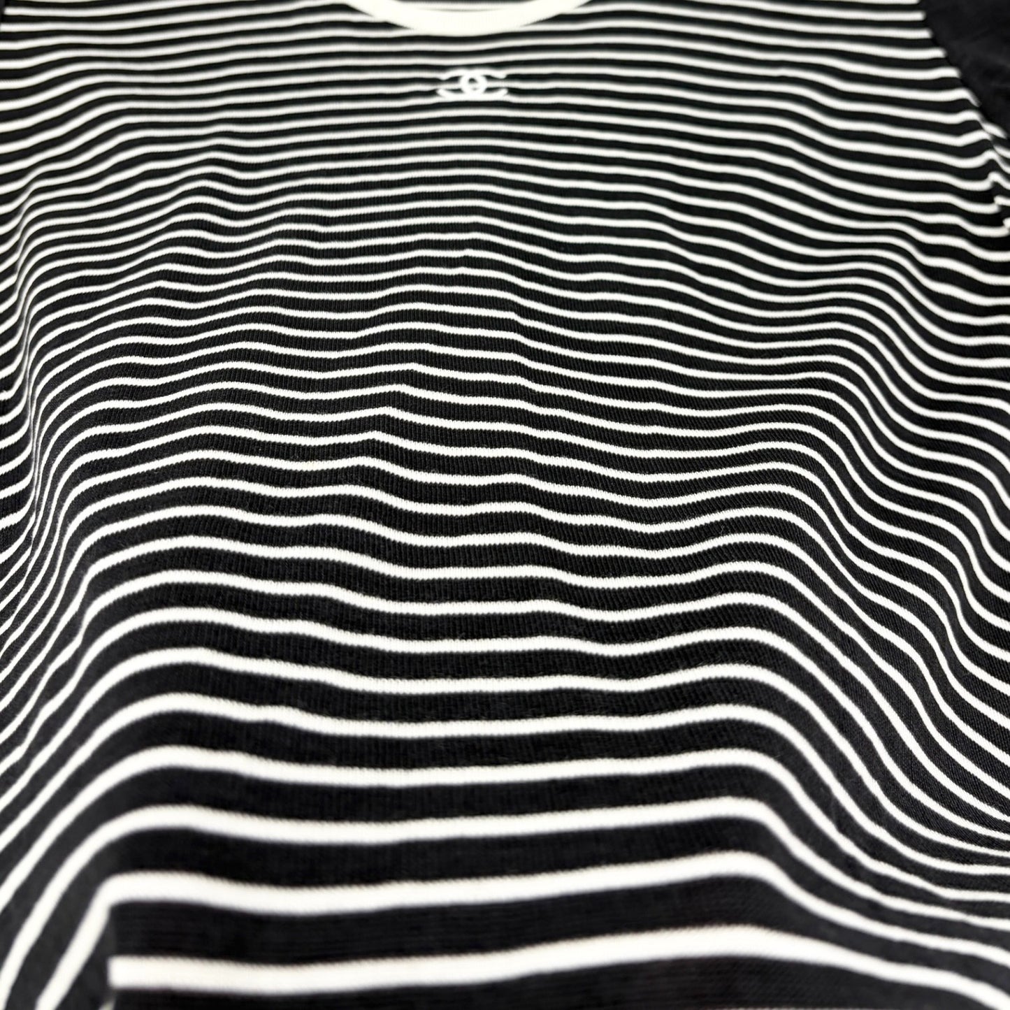CHANEL Vintage CC Mark Logo Stripe T-shirt Top #40 Black White Cotton 106910