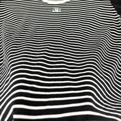 CHANEL Vintage CC Mark Logo Stripe T-shirt Top #40 Black White Cotton 106910