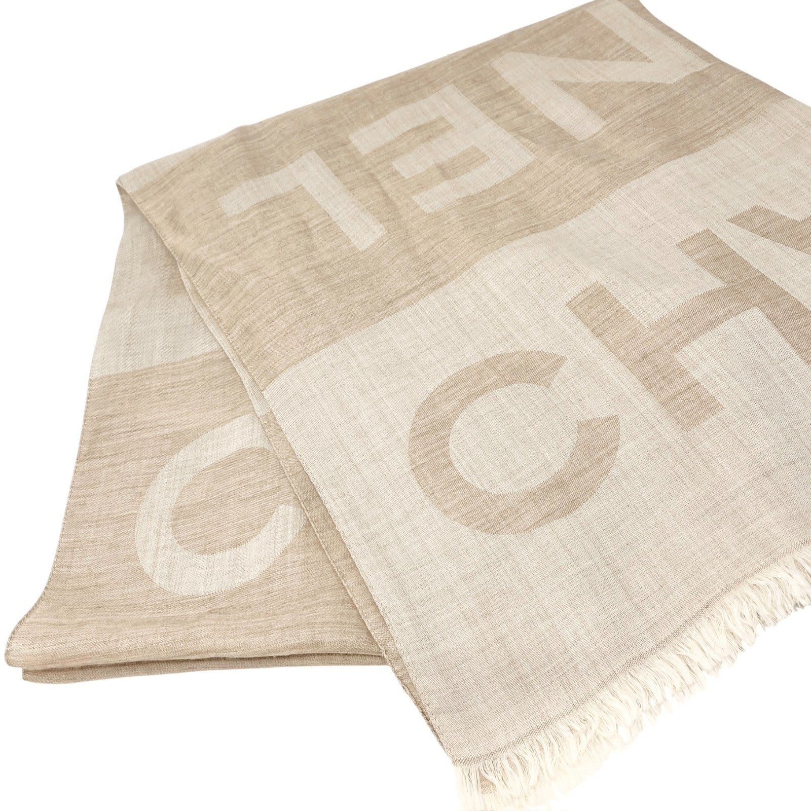 CHANEL Vintage CC Logo Scarf Wrap Shawl Fringe Accessory Beige Silk Cashmere