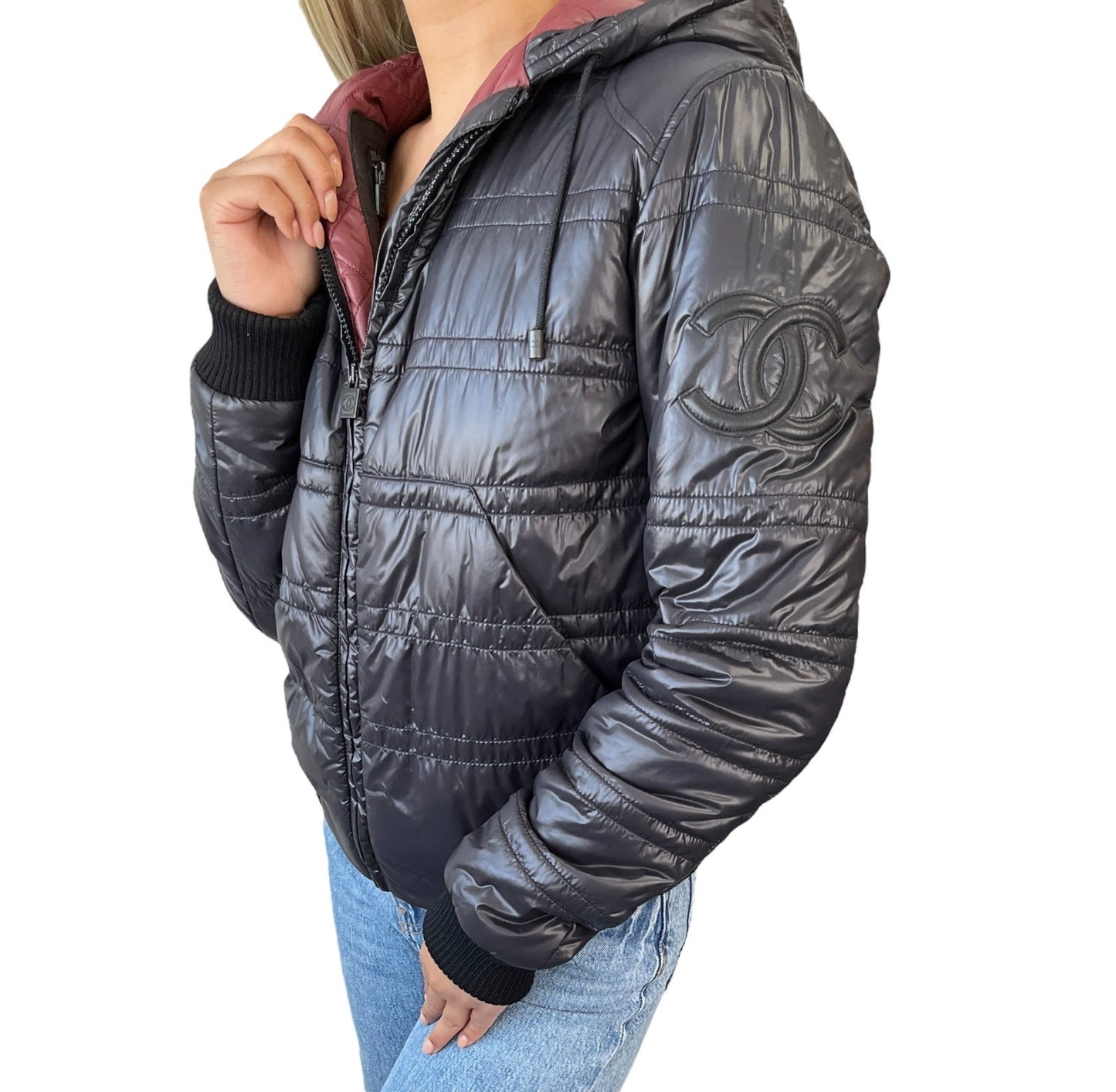 CHANEL Sport Vintage P3665 CC Logo Hoodie Zip Up Puffer Jacket #36 Red Black