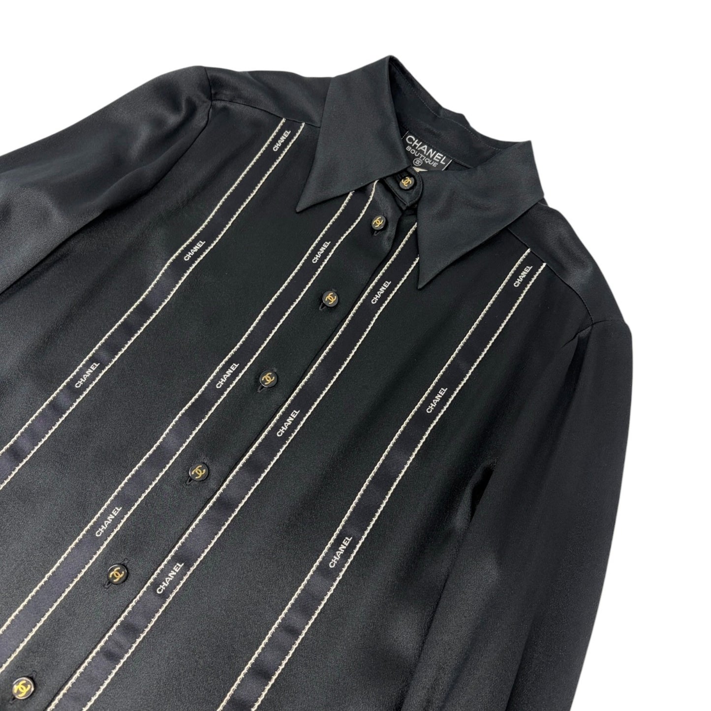 CHANEL Vintage 94A CC Logo Button Up Blouse Silk Shirt #36 Ribbon Black