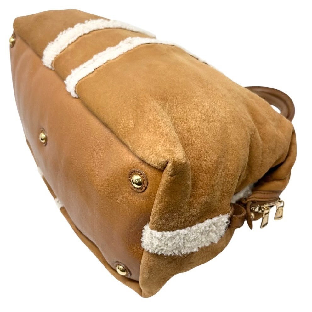 Yves Saint Laurent Vintage YSL Logo Boa Boston Bag Brown Cream Suede 902808