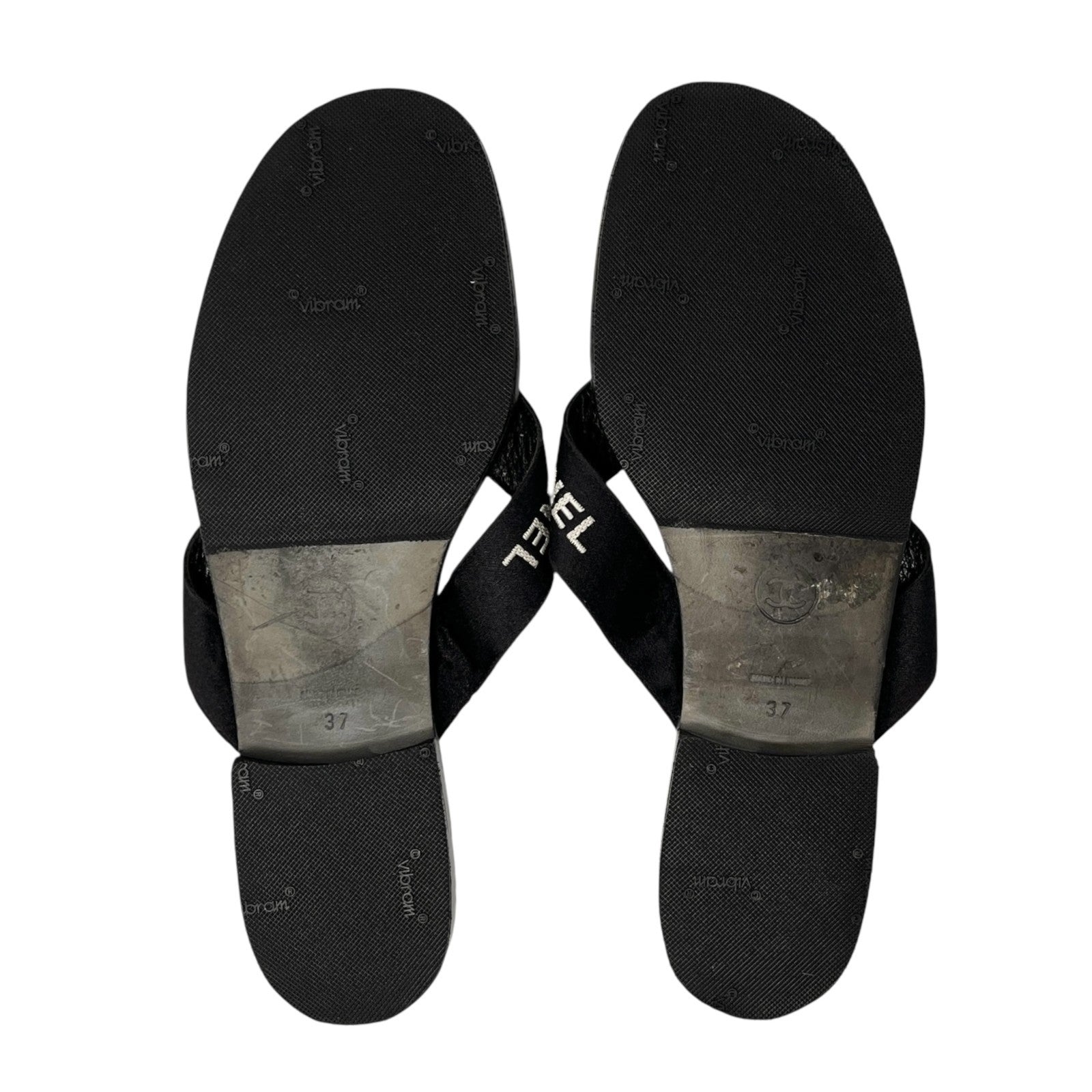 CHANEL Vintage CC Mark Logo Flip-Flops Sandals #37 Flat Black Leather Satin
