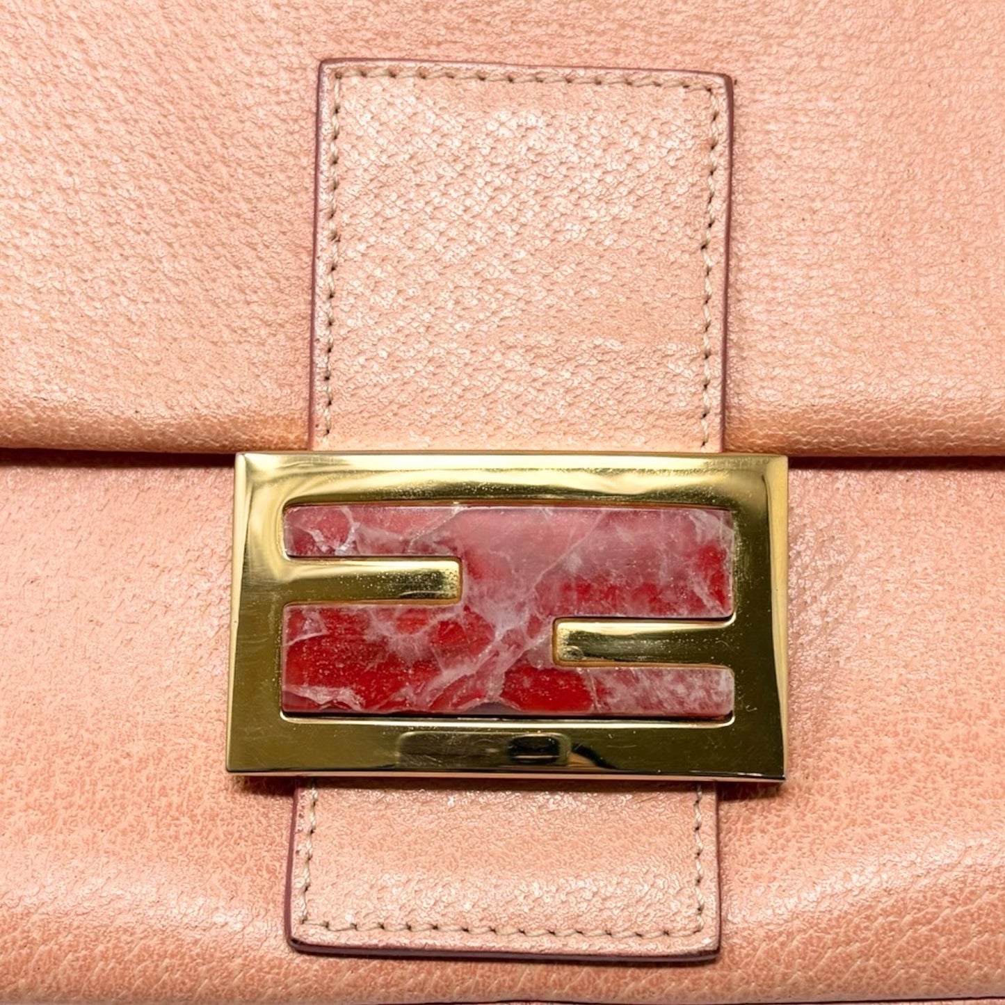 FENDI Vintage FF Logo Mamma Baguette Shoulder Bag Handbag Salmon Pink Leather