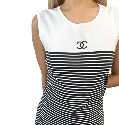 CHANEL Vintage CC Striped Sleeveless Tank Top #M White Black Cotton 902263