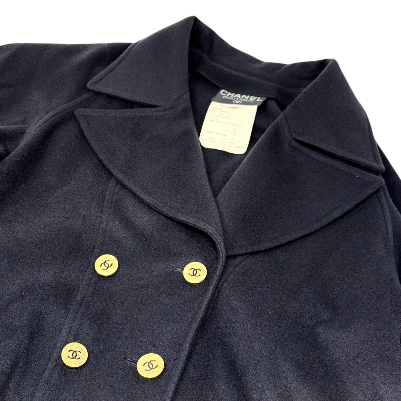 CHANEL Vintage 95A CC Mark Logo Long Coat Jacket #38 Cashmere Dark Blue Gold