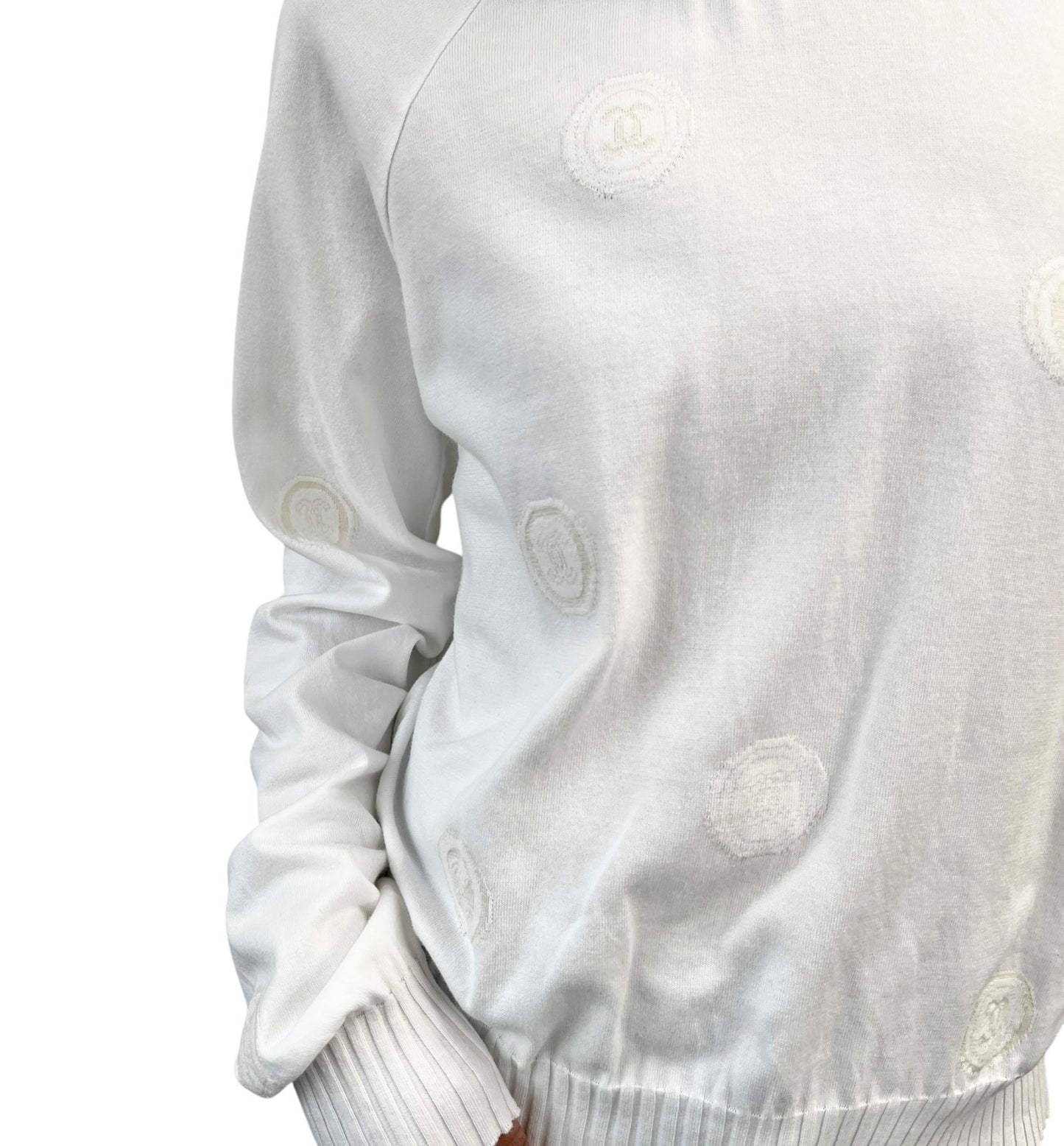 CHANEL Vintage 01P CC Logo Stamp Knit Sweater Top #46 White Pullover  902032