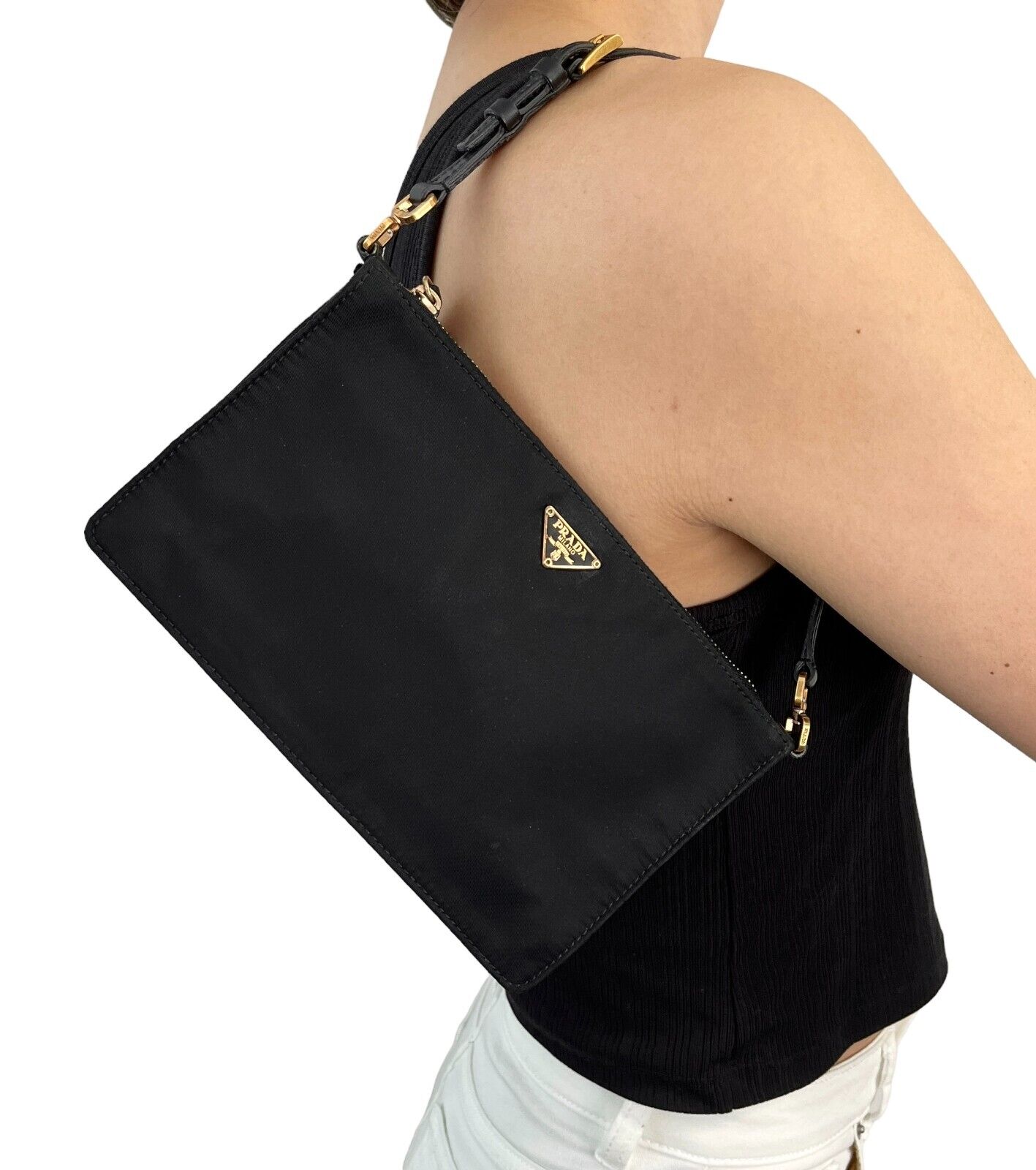 PRADA Vintage Logo Mini Shoulder Bag Pochette Black Gold Zip Nylon Rank AB