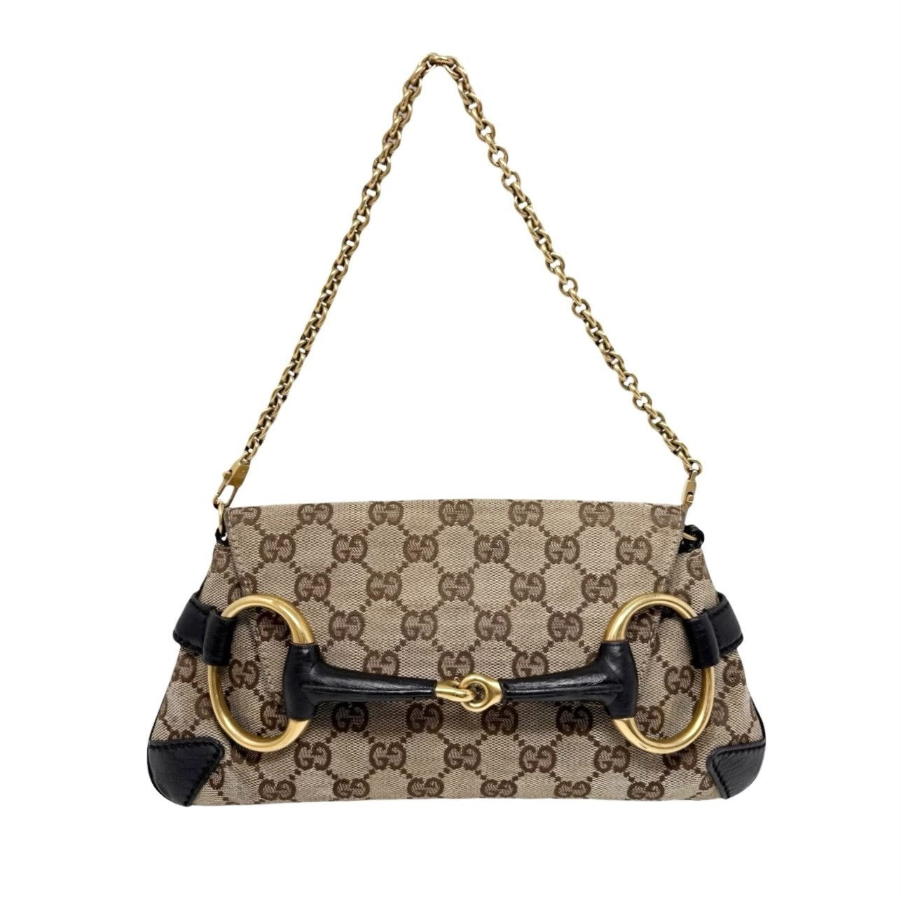 GUCCI Vintage GG Monogram Logo Horsebit Shoulder Bag Brown Gold Canvas 901880