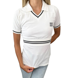 CHANEL Sport Vintage 04S CC Logo Polo Tunic #34 Top White Black Cotton Rank AB