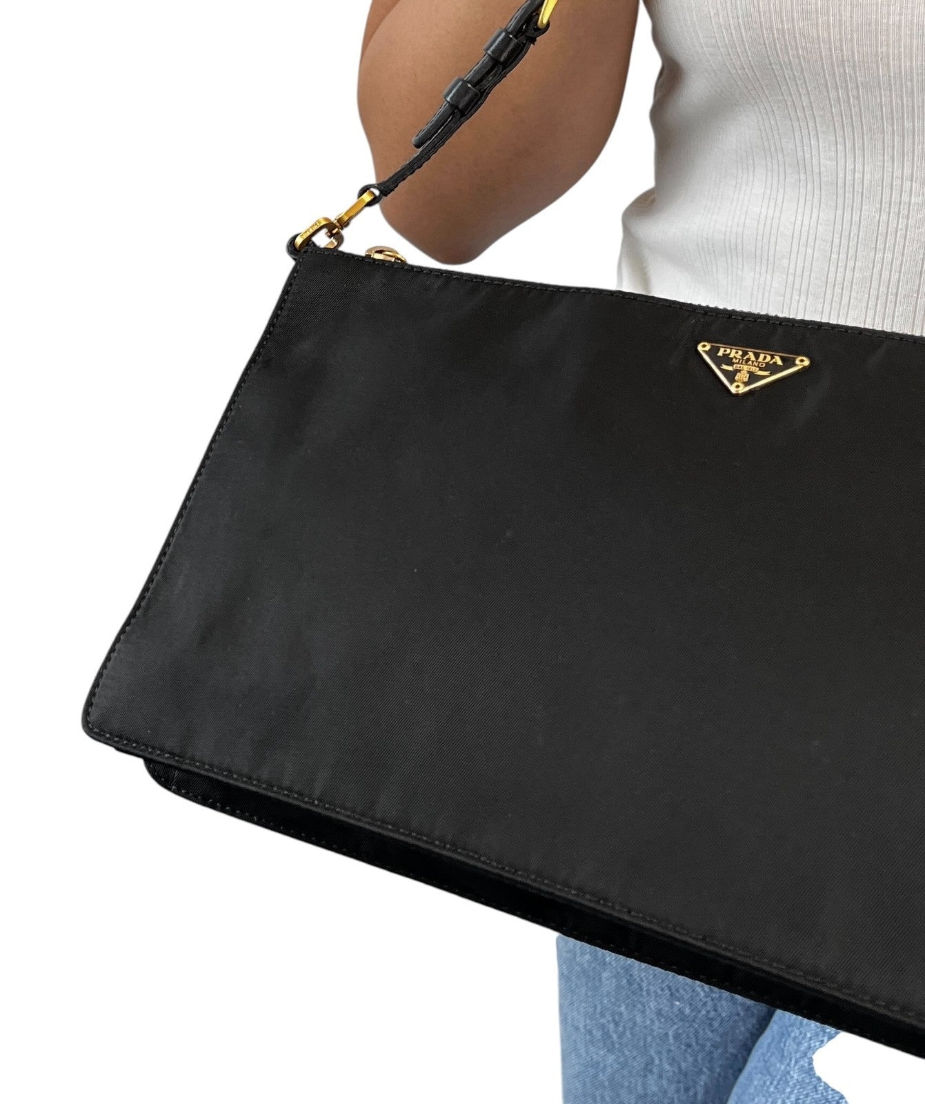 PRADA Vintage Triangle Logo Tessuto Nylon Mini Shoulder Bag Black Gold Leather