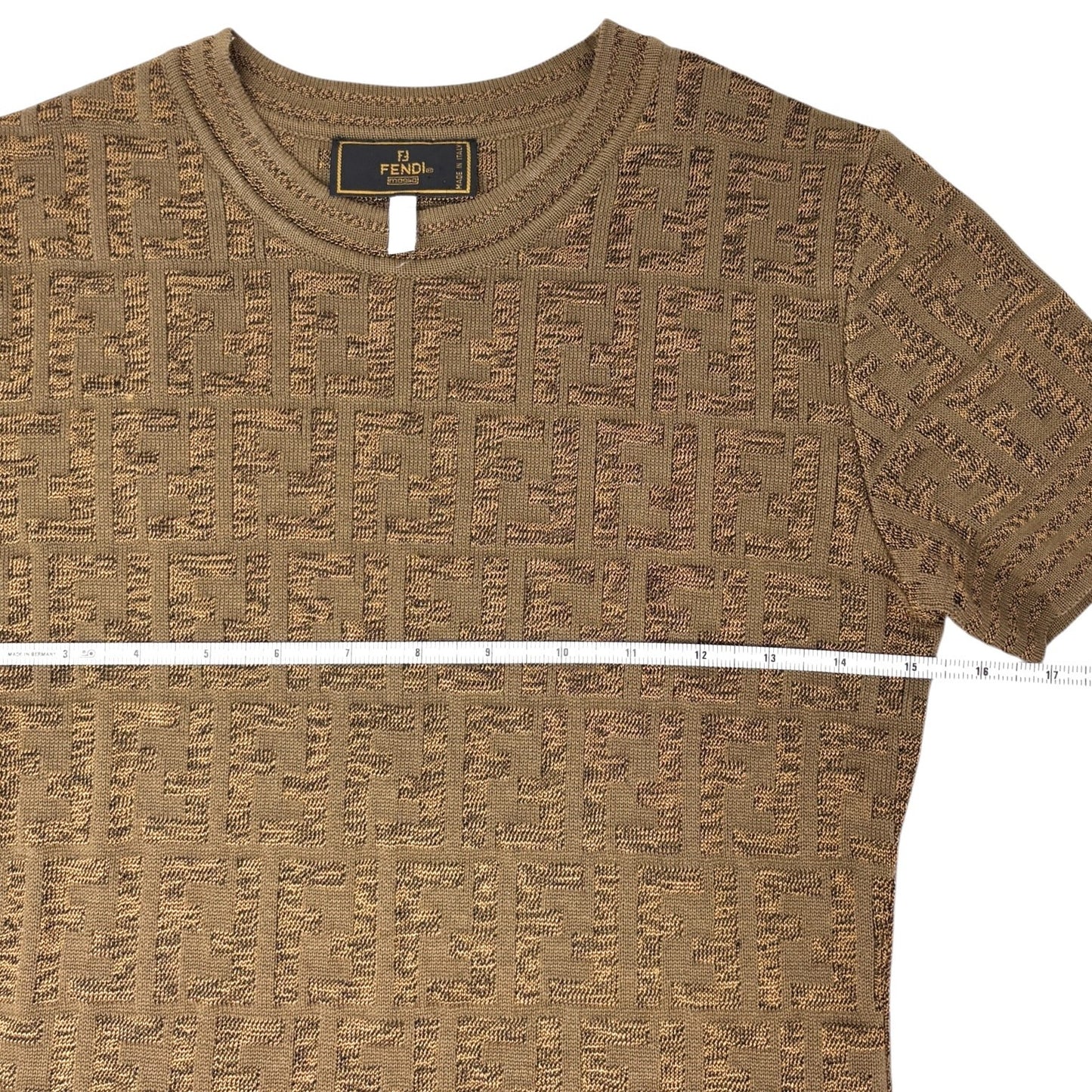 FENDI Vintage Zucca Monogram Logo Knit Top Short Sleeve Sweater Brown Cotton