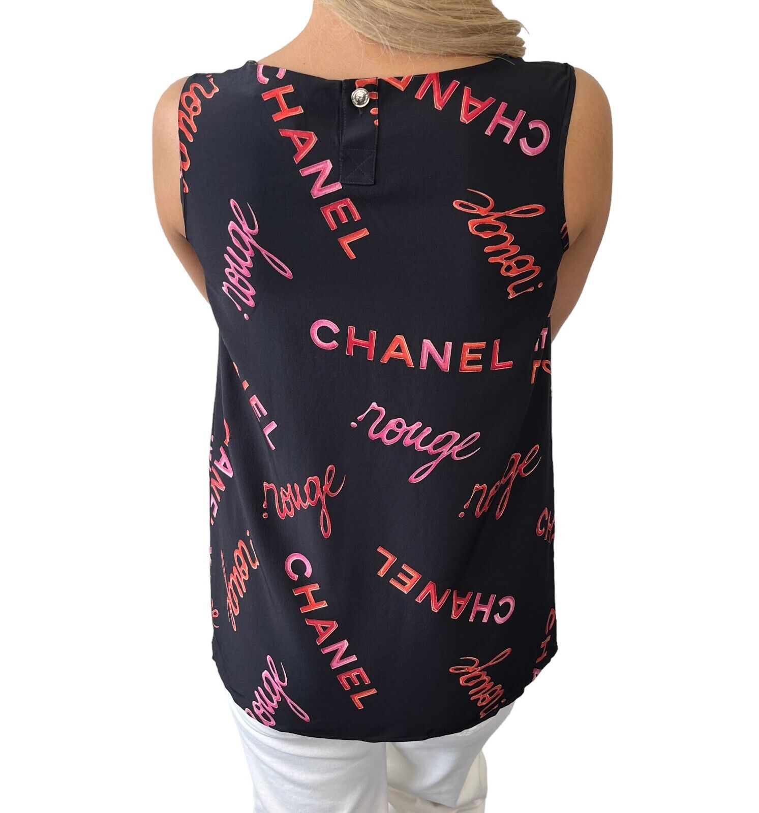 CHANEL Vintage 96P Rouge Logo Sleeveless Top #34 Button Black Silk Rank AB+