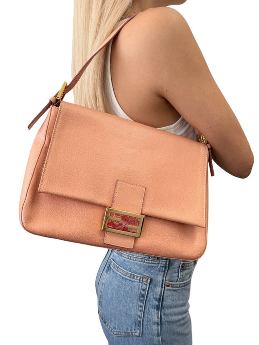 FENDI Vintage FF Logo Mamma Baguette Shoulder Bag Handbag Salmon Pink Leather