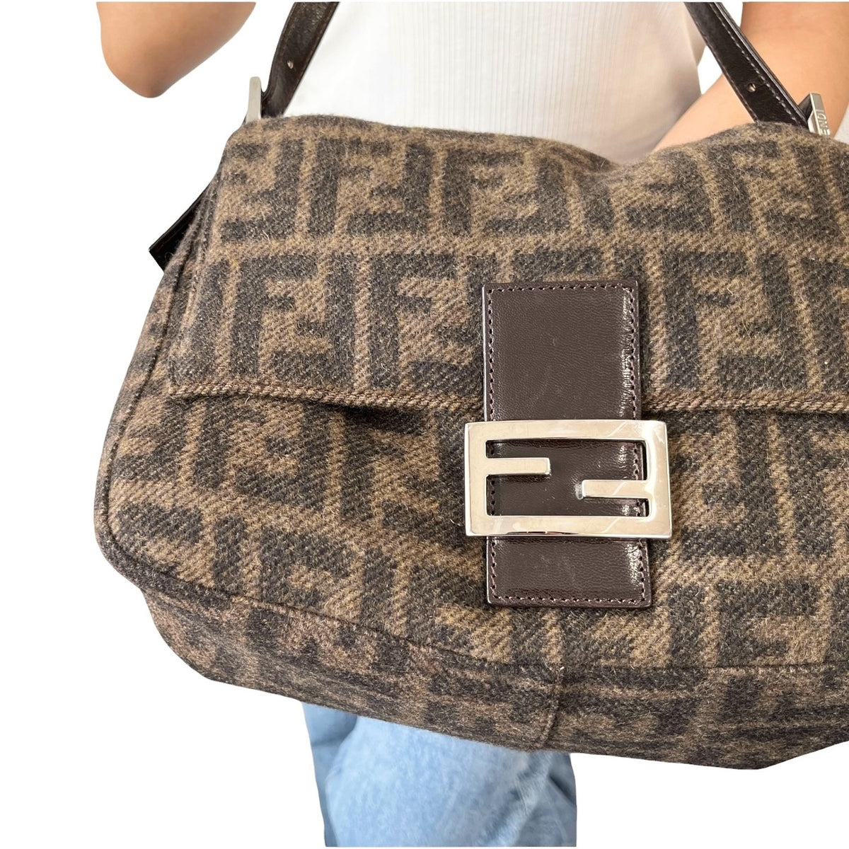 FENDI Vintage FF Zucca Cashmere Knit Mamma Baguette Shoulder Bag Brown 902052