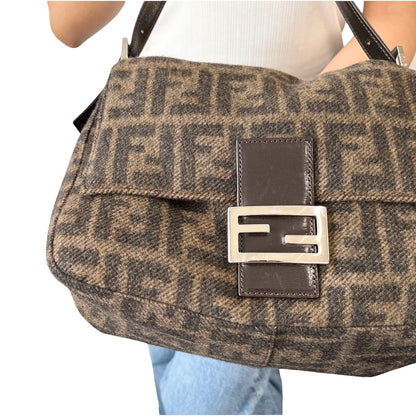 FENDI Vintage FF Zucca Cashmere Knit Mamma Baguette Shoulder Bag Brown 902052