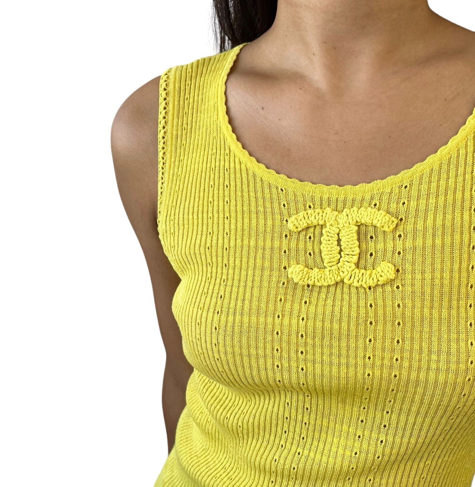 CHANEL Vintage 09P CC Mark Logo Knit Tank Top #38 Yellow Cotton Tunic Rank AB