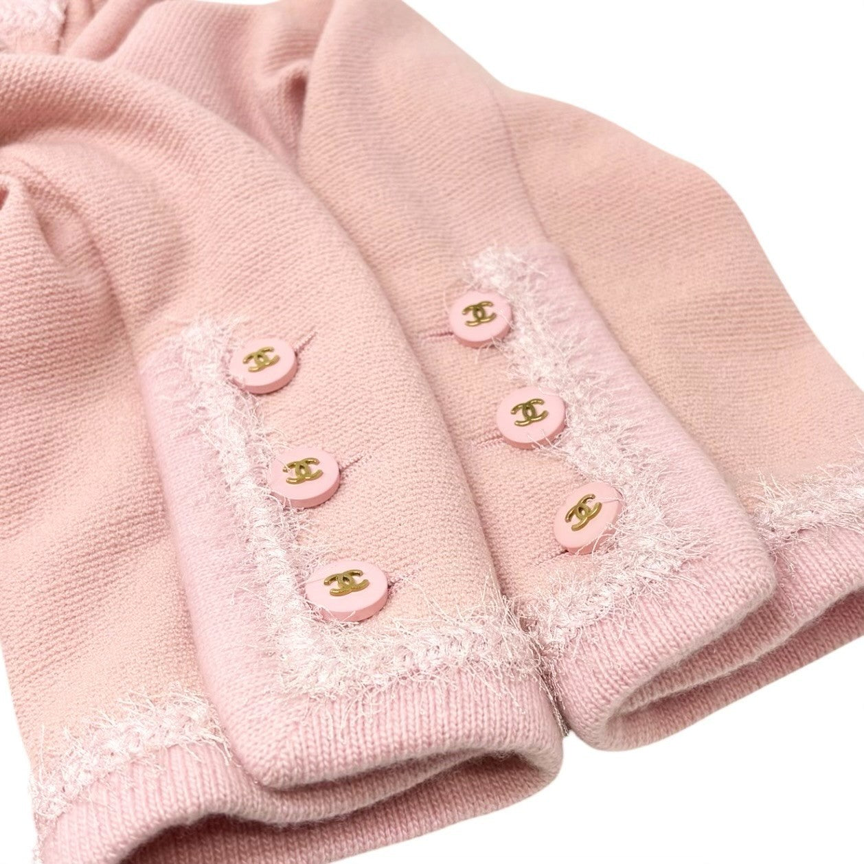 CHANEL Vintage 94A CC Logo Button Tweed Jacket Skirt Set #38 Wool Pink Fringe
